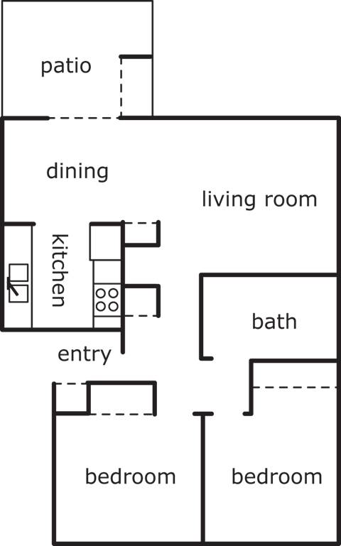 Floor plan for 2 beds, 1 bath, 830 sqft